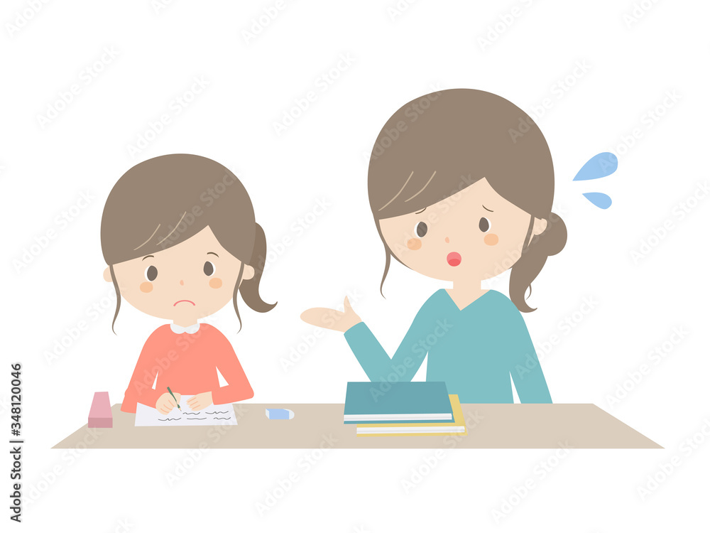 A girl learning at home while being told by her parents. A girl learning at home while being told by her parents.