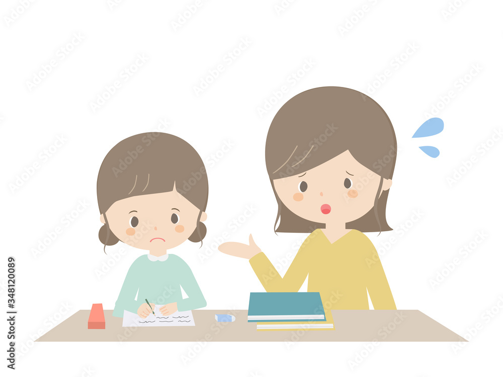 A girl learning at home while being told by her parents. A girl learning at home while being told by her parents.