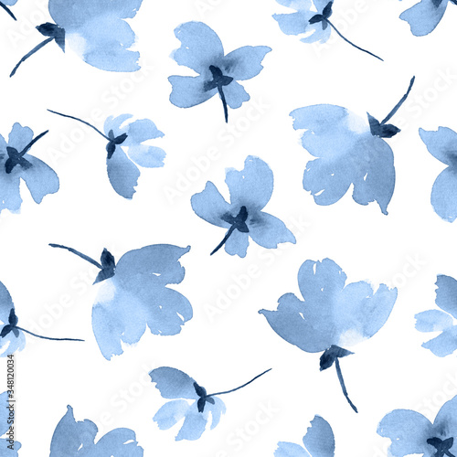 Fototapeta Naklejka Na Ścianę i Meble -  Seamless watercolor pattern with flowers in navy blue