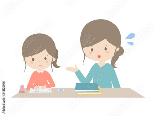 A girl learning at home while being told by her parents.