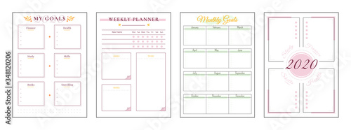 2020 goals minimalist planner page set. Spread for finance goal. Life category to write notes. Pink boxes and color accent. Monthly personal organizer printable sheet layout. Vertical insert for diary
