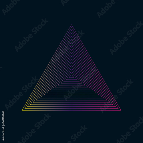 Concentric contour triangles colorful on black background. Vector illustration.