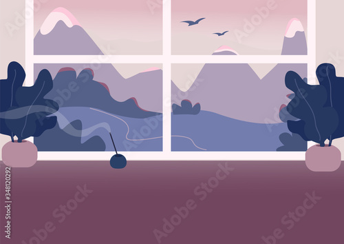 Empty room flat color vector illustration. Luxurious apartment 2D cartoon interior with mountains on background. Contemporary home interior decor, cozy accommodation with beautiful view