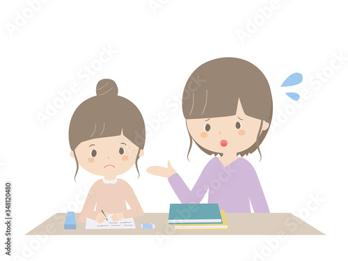 A girl learning at home while being told by her parents.