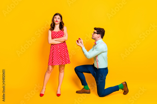 Photography Full length photo frustrated geek man propose give ring girl cross hands indiffe