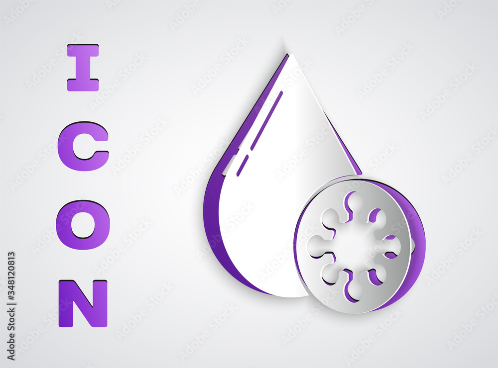 Paper cut Blood test and virus molecule coronavirus icon isolated on grey background. Coronavirus, COVID-19. 2019-nCoV. Paper art style. Vector Paper cut Blood test and virus molecule coronavirus icon isolated on grey background. Coronavirus, COVID-19. 2019-nCoV. Paper art style. Vector