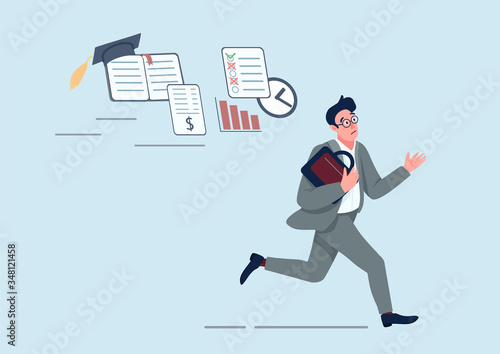 Businessman with problems flat concept vector illustration. Office worker running in panic 2D cartoon character for web design. Employee late for deadline. Panic attack, emotional stress creative idea © The img