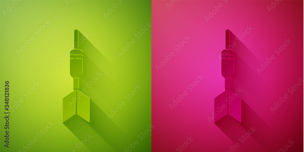 Paper cut Dart arrow icon isolated on green and pink background. Paper art style. Vector Paper cut Dart arrow icon isolated on green and pink background. Paper art style. Vector