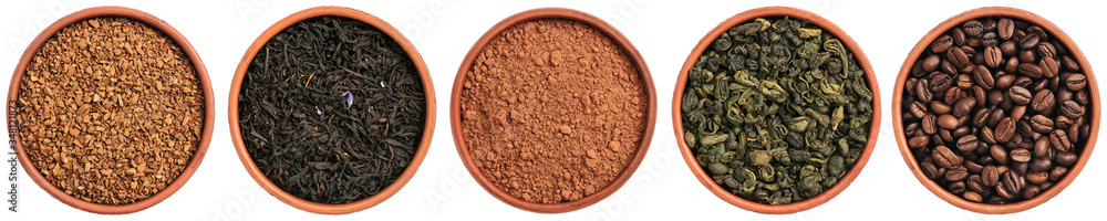 Collection of a variety of dry drinks - coffee beans, cocoa powder, instant granular coffee, green tea, black tea in a bowl isolated on white background. Top view, panorama.