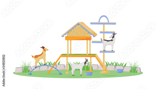 Goat in playhouse flat color vector character. Animals play in zoo garden. Backyard pet furniture. Domestic animal on playground isolated cartoon illustration for web graphic design and animation