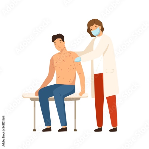 Woman dermatologist in medical mask examine patient with chickenpox vector flat illustration. Unhappy man visit doctor at clinic isolated on white. Male with red rash or measles at hospital