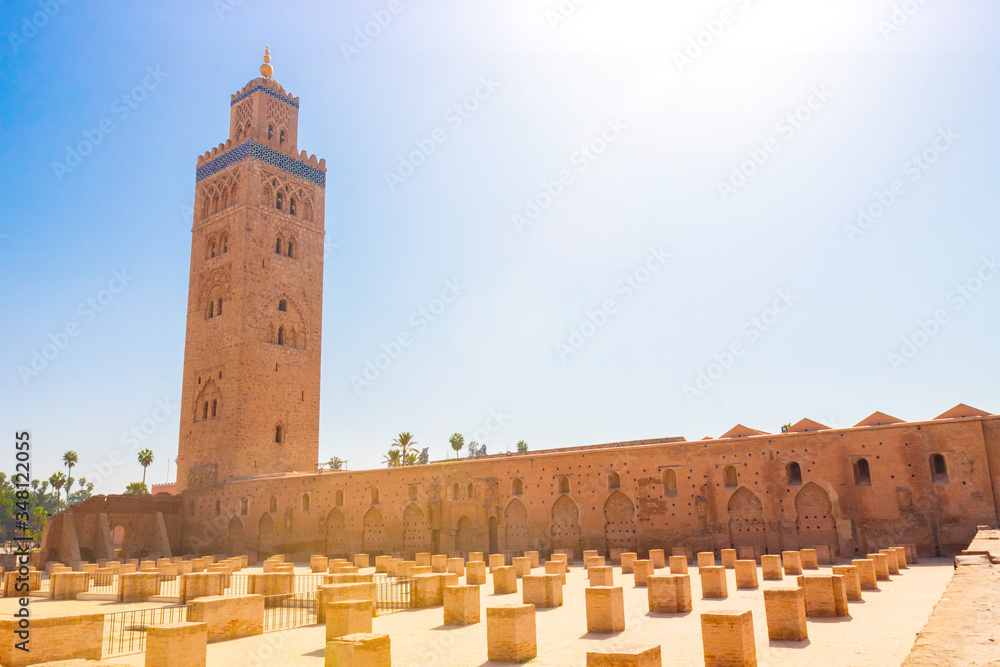 View on Ruins of Old Mosque and Minaret of Kutubiyya Mosque in Marrakech, Morocco