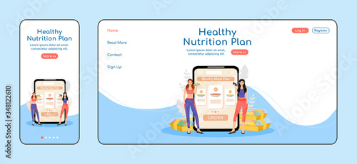 Healthy nutrition plan adaptive landing page flat color vector template. Dietary menu mobile and PC homepage layout. Food order one page website UI. Restaurant service webpage cross platform design