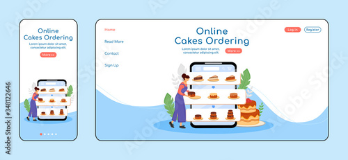 Online cakes ordering adaptive landing page flat color vector template. Pastry shop mobile and PC homepage layout. Bakery order one page website UI. Desserts assortment webpage cross platform design