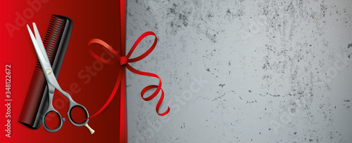 Scissors Comb Red Ribbon Concrete Background