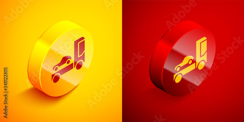 Isometric Car transporter truck for transportation of car icon isolated on orange and red background. Circle button. Vector