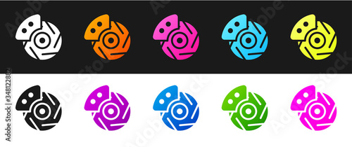 Set Car brake disk with caliper icon isolated on black and white background. Vector
