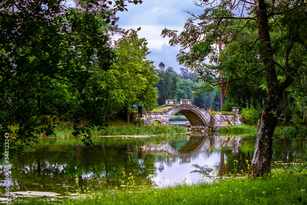 Summer landscape. A lake in the middle of a park. On the lake is a bridge. Trees are reflected in the lake.