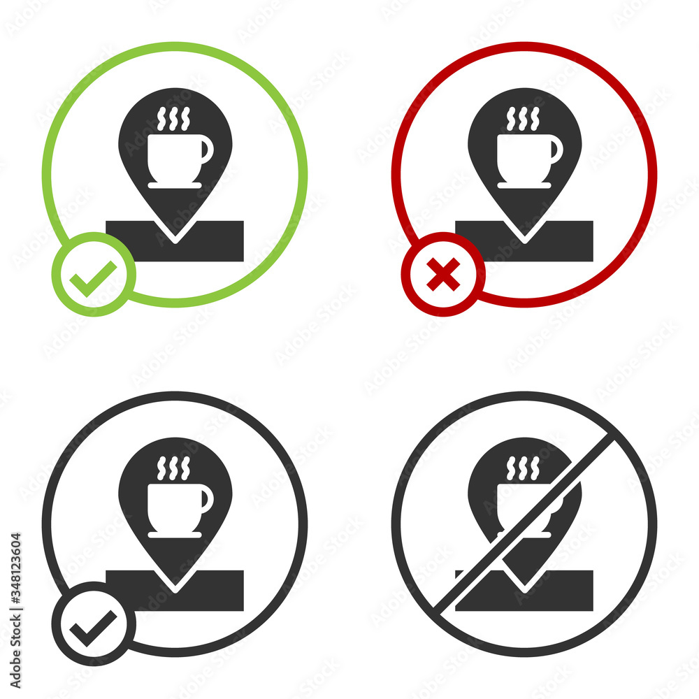 Black Location with coffee cup icon isolated on white background. Circle button. Vector Black Location with coffee cup icon isolated on white background. Circle button. Vector