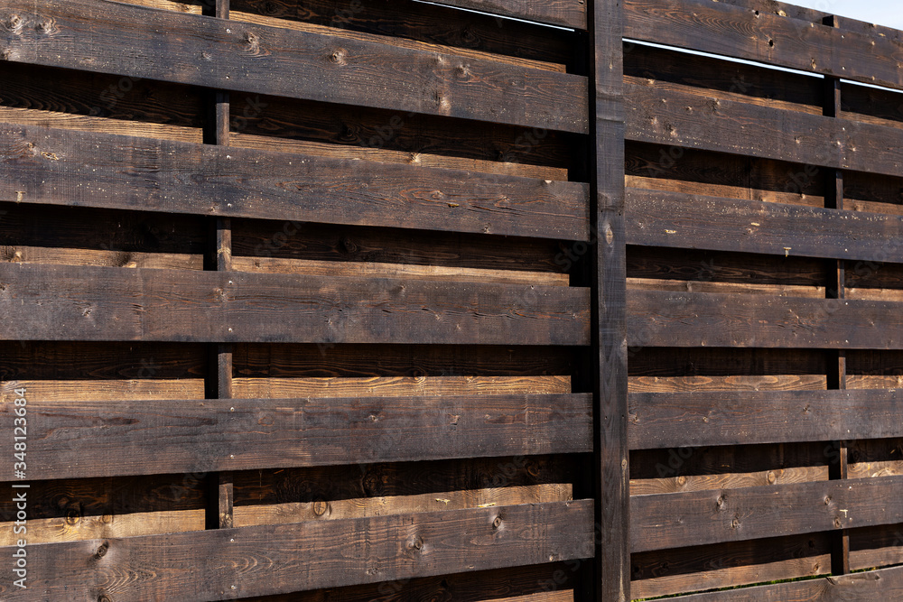A fragment of a strong wooden fence. Horizontal boards are tightly nailed to each other and provide reliable protection from robbers. A fragment of a strong wooden fence. Horizontal boards are tightly nailed to each other and provide reliable protection from robbers.