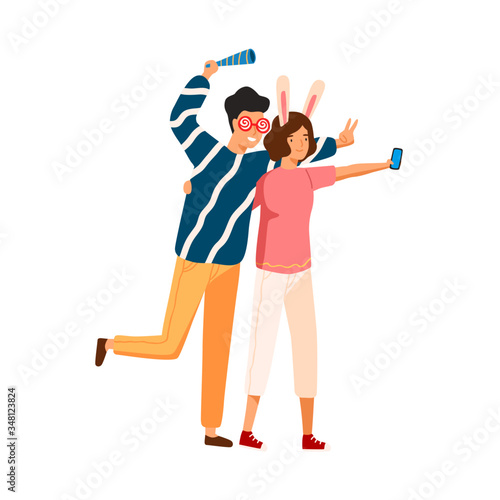 Joyful couple in funny glasses and ears taking selfie together vector flat illustration