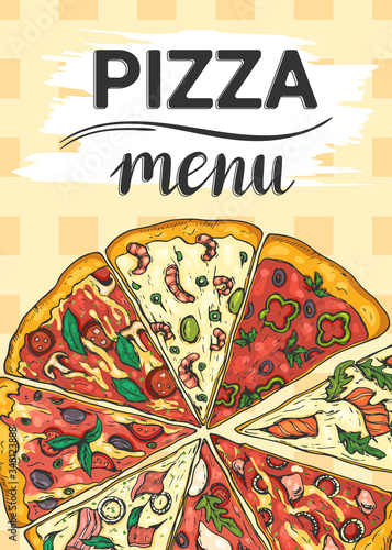 Pizza menu. Template with different slices of pizza on a checkered tablecloth