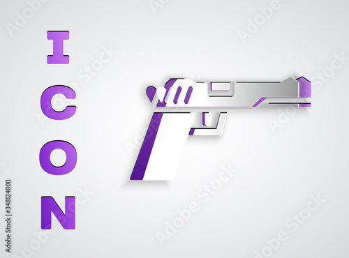 Paper cut Pistol or gun icon isolated on grey background. Police or military handgun. Small firearm. Paper art style. Vector