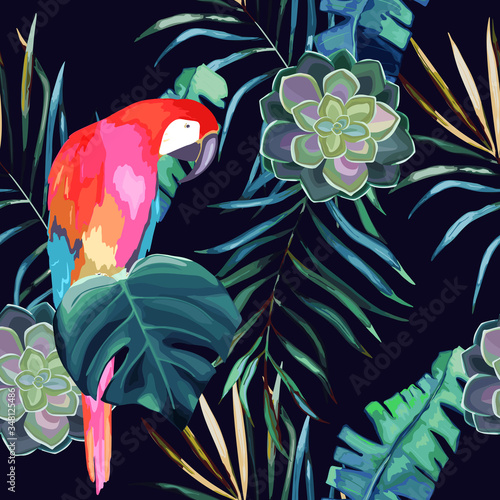 Summer pattern with  parrot, palm leaves and cactus. Vector illustration. Watercolor style