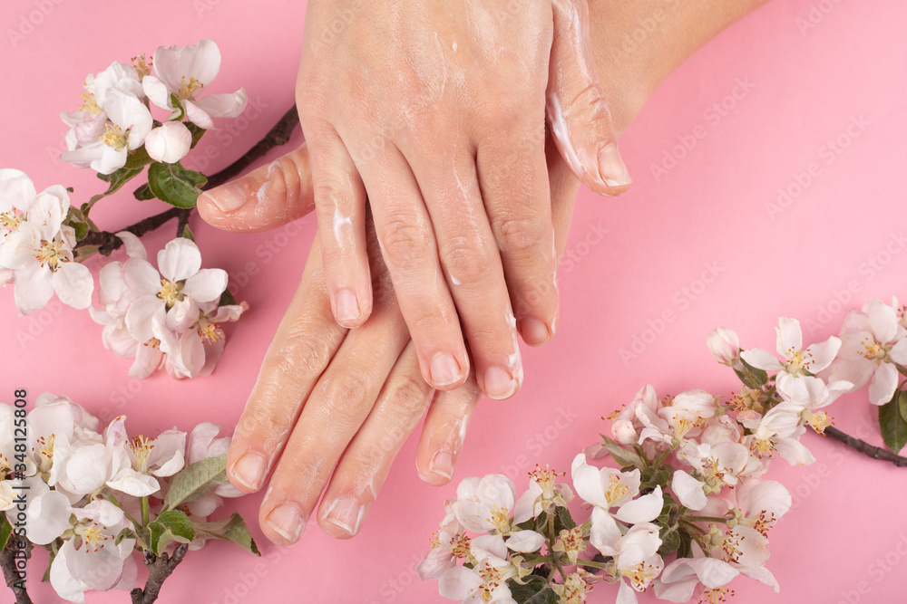 hands spreading cream close-up on a pink background with branches of white flowers. skin hydration, hand care, beauty, cosmetics