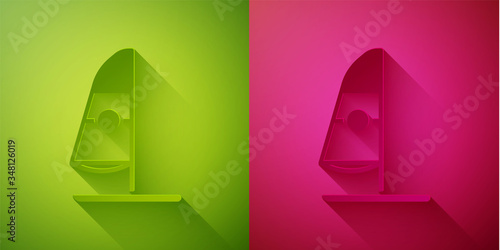 Paper cut Windsurfing icon isolated on green and pink background. Paper art style. Vector