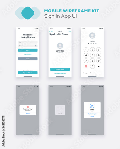 Wireframe UI kit for smartphone. Mobile App UX design. New OS sign in, enter, form, input fields, social, numeric keypad, numbers, security screens.