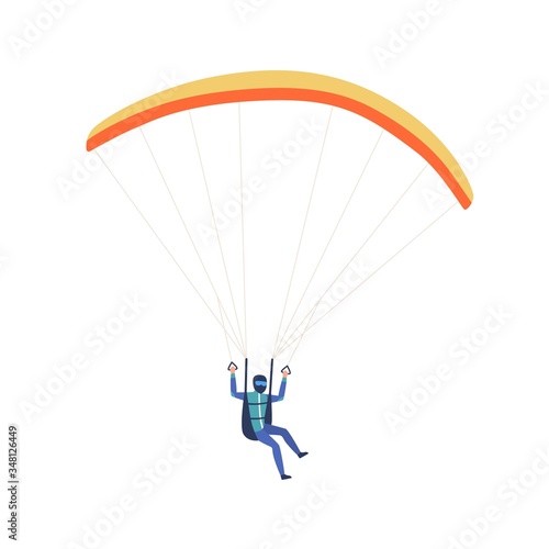 Male skydiver flying with parachute vector flat illustration. Extreme man enjoying parachuting sport and leisure outdoors activity isolated on white background. Active guy parachutist in safety suit