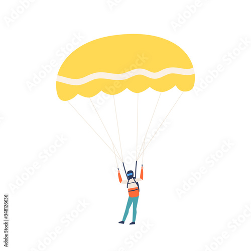 Professional male skydiver landing with parachute vector flat illustration