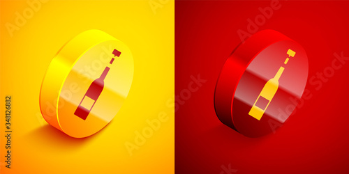 Isometric Opened bottle of wine icon isolated on orange and red background. Circle button. Vector