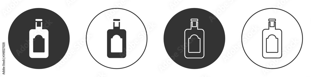 Black Whiskey bottle icon isolated on white background. Circle button. Vector Black Whiskey bottle icon isolated on white background. Circle button. Vector
