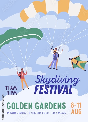 Promo skydiving festival poster vector flat illustration. Colorful parachutists and skydivers performing pair parachuting and wingsuit flying. Announcement extreme sport holiday with place for text