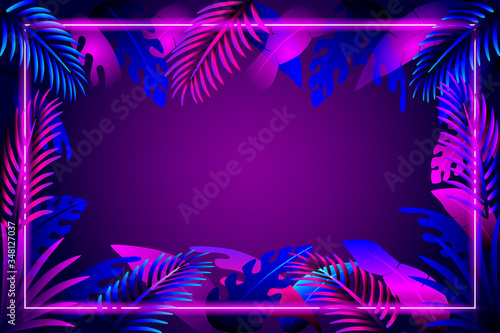 Abstract leaves background with neon frame free vector