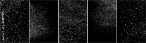 Set of distressed white grainy texture. Dust overlay textured. Grain noise particles. Snow effects pack. Rusted black background. Vector illustration, EPS 10. 