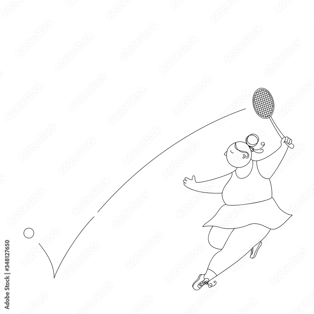 Obraz premium Vector illustration of a cute girl hitting a tennis ball with a racket.Linear silhouette isolated on a white background.