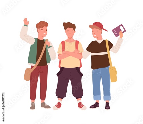 Happy teenager male kids with backpack, bags and book stand together vector flat illustration. Group of positive school guys smiling, waving hand isolated on white. Young boys classmates or friends