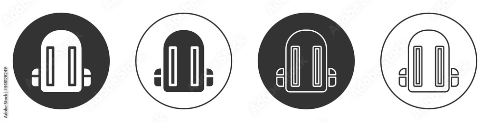 Black School backpack icon isolated on white background. Circle button. Vector Black School backpack icon isolated on white background. Circle button. Vector