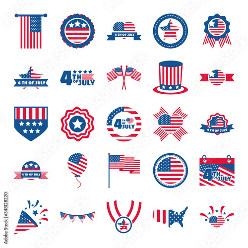 4th of july independence day, celebration honor memorial american flag icons set flat style icon