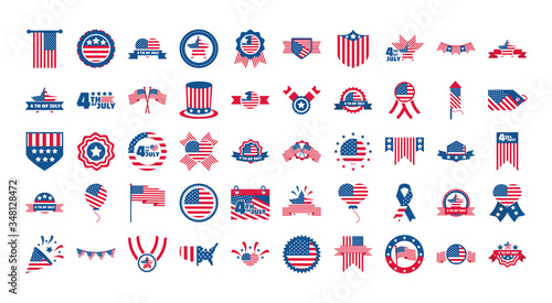4th of july independence day, celebration honor memorial american flag icons set flat style icon