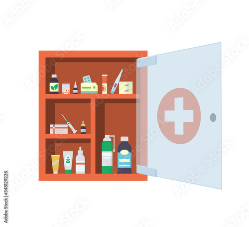 Wall medicine chest full of drugs, pills, tablets and bottles. Red medical cabinet with open glass transparent door. Isolated vector illustration in flat style on white background