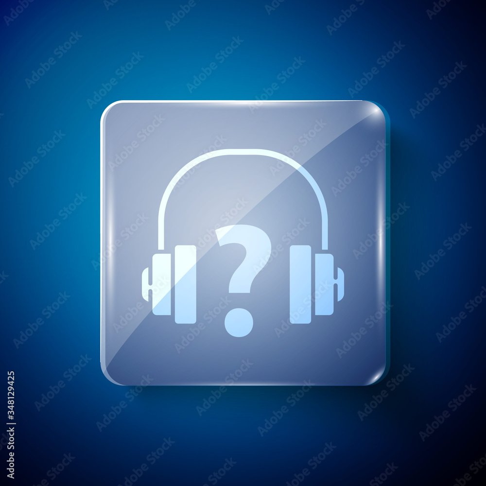 White Headphones icon isolated on blue background. Support customer service, hotline, call center, faq, maintenance. Square glass panels. Vector White Headphones icon isolated on blue background. Support customer service, hotline, call center, faq, maintenance. Square glass panels. Vector