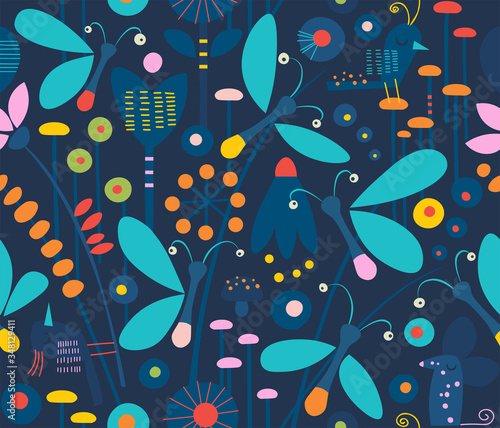 Cute seamless pattern of bioluminescent fireflies in grass at night surrounded by flowers, birds, plants and mice on dark background