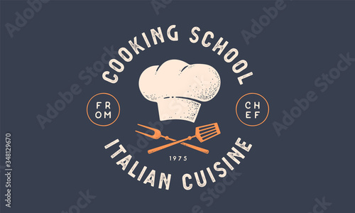 Food logo. Logo for Cooking school class with icon bbq tools, grill fork, spatula, text typography Coocking School, Cuisine. Graphic logo template for cooking cuisine course. Vector Illustration
