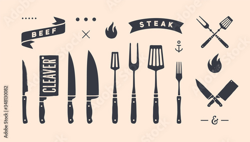Vintage graphic set. Set of vintage banner, ribbon, cutting knive, text, old school graphic elements, food tools. Design elements for restaurant, bar, cafe, food shop and market. Vector Illustration