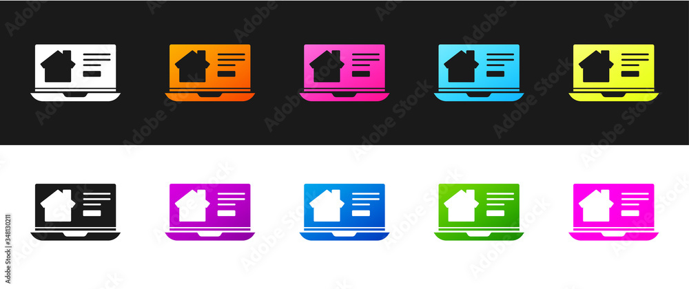 Set Online real estate house on laptop icon isolated on black and white background. Home loan concept, rent, buy, buying a property. Vector Set Online real estate house on laptop icon isolated on black and white background. Home loan concept, rent, buy, buying a property. Vector