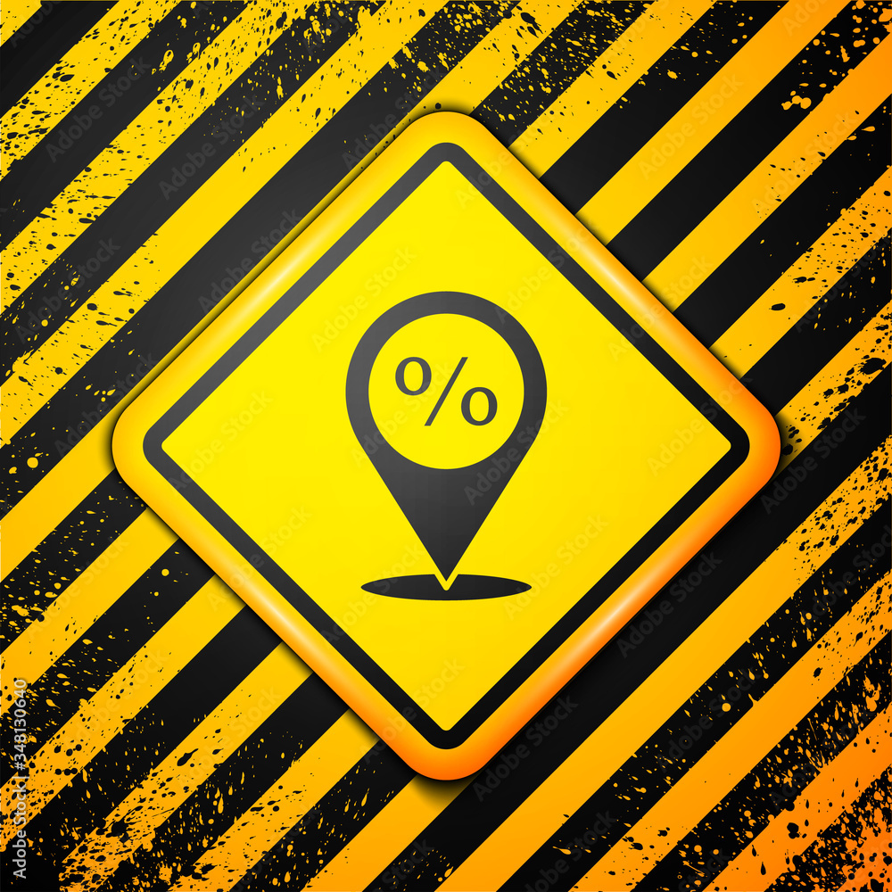 Black Location with percent discount icon isolated on yellow background. Money location icon. Business and investment concept. Warning sign. Vector Black Location with percent discount icon isolated on yellow background. Money location icon. Business and investment concept. Warning sign. Vector